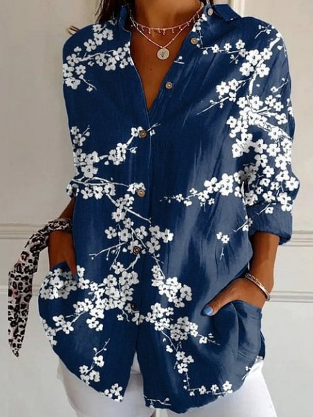 Women's Shirt Cotton Button Up Floral Geometric Basic Blouse Casual Long Sleeve Shirt Collar Daily Top