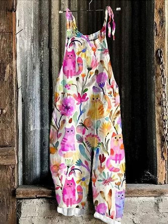 Women Floral Spaghetti Sleeveless Casual Summer Cotton Jumpsuit