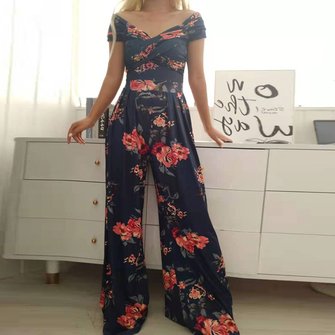 Women Short Sleeve Off The Shoulder Regular Fit Long Printing Daily Casual Striped High Waist T-Shirt Jumpsuit