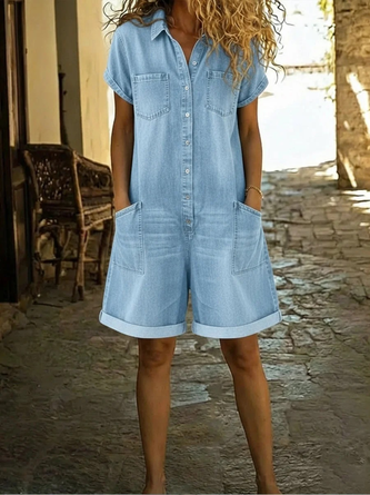 Women Plain Shawl Collar Short Sleeve Vintage Summer Denim Jumpsuit