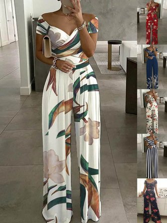 Women Short Sleeve Off The Shoulder Regular Fit Long Printing Daily Casual Striped High Waist T-Shirt Jumpsuit