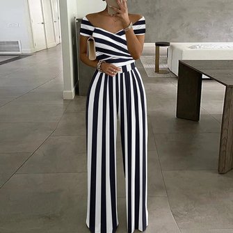 Women Short Sleeve Off The Shoulder Regular Fit Long Printing Daily Casual Striped High Waist T-Shirt Jumpsuit