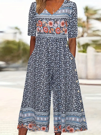 Women Half Sleeve V Neck Regular Fit Ankle Pants Printing Daily Casual Floral Natural Jumpsuit