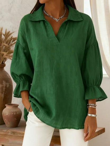 Shawl Collar Puff Sleeve Three Quarter Sleeve Plain Split Joint Regular Micro-Elasticity Loose Tunic Shirt For Women