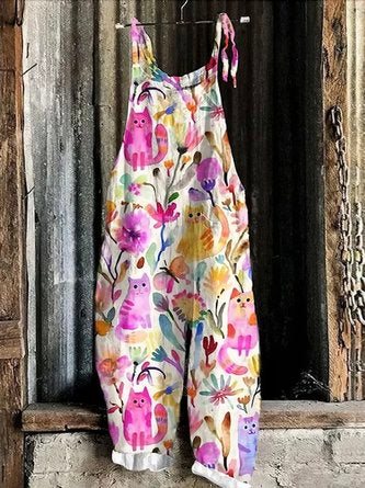 Women Floral Spaghetti Sleeveless Casual Summer Cotton Jumpsuit
