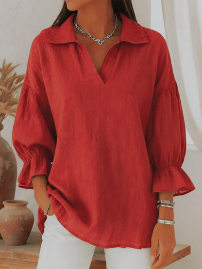 Shawl Collar Puff Sleeve Three Quarter Sleeve Plain Split Joint Regular Micro-Elasticity Loose Tunic Shirt For Women