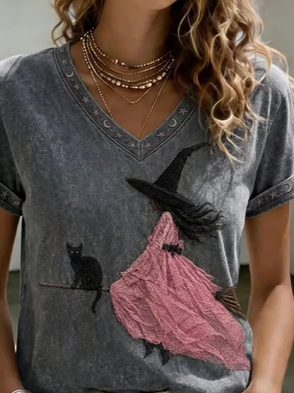Vintage Cat V Neck Short Sleeve T-shirt