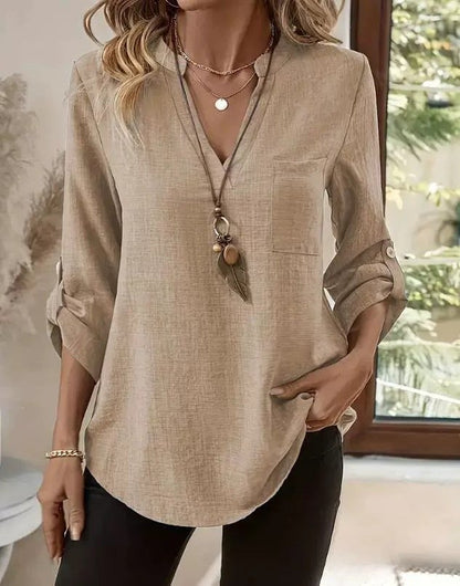 V Neck Three Quarter Sleeve Plain Split Joint Regular Micro-Elasticity Loose Tunic Shirt For Women