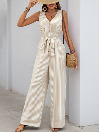 Women Striped V Neck Sleeveless Casual Summer Jumpsuit