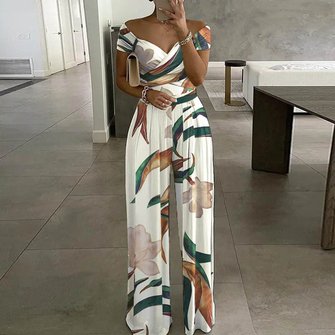 Women Short Sleeve Off The Shoulder Regular Fit Long Printing Daily Casual Striped High Waist T-Shirt Jumpsuit