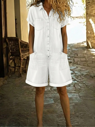 Women Plain Shawl Collar Short Sleeve Vintage Summer Denim Jumpsuit